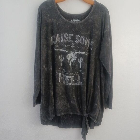 Torrid Super Soft Raise Hell Black Mineral Wash Tie-Front long sleeve Tee sz 2X - Picture 2 of 6